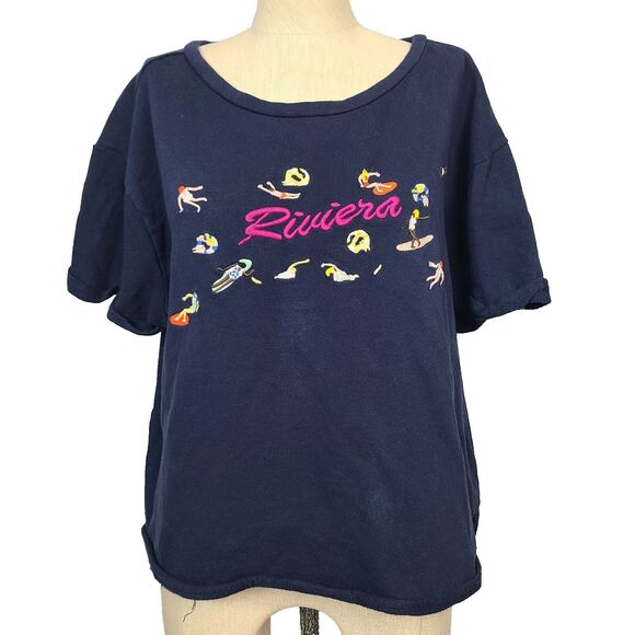 Maeve Anthropologie Top L Blue‎ Knit Embroidered Surf Snorkel Swim Riviera Shirt - Picture 1 of 11